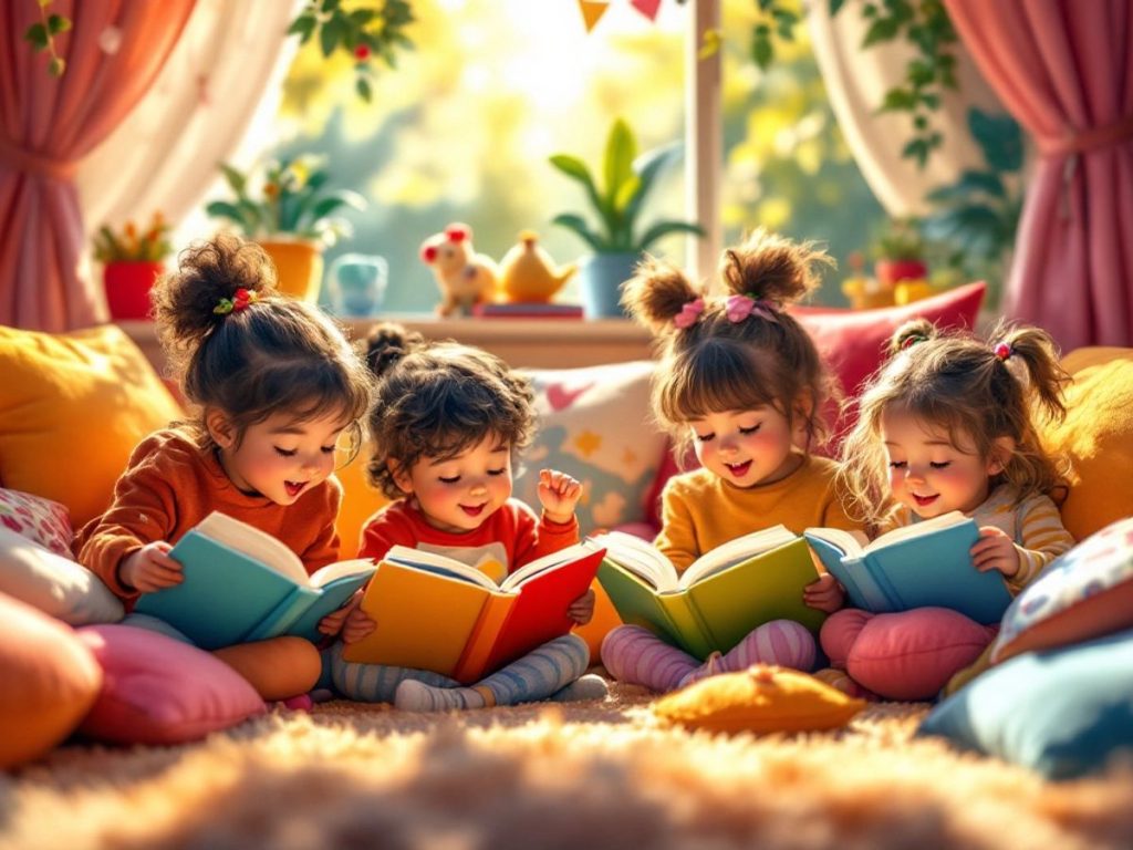 Copii citind cărți într-o cameră confortabilă.