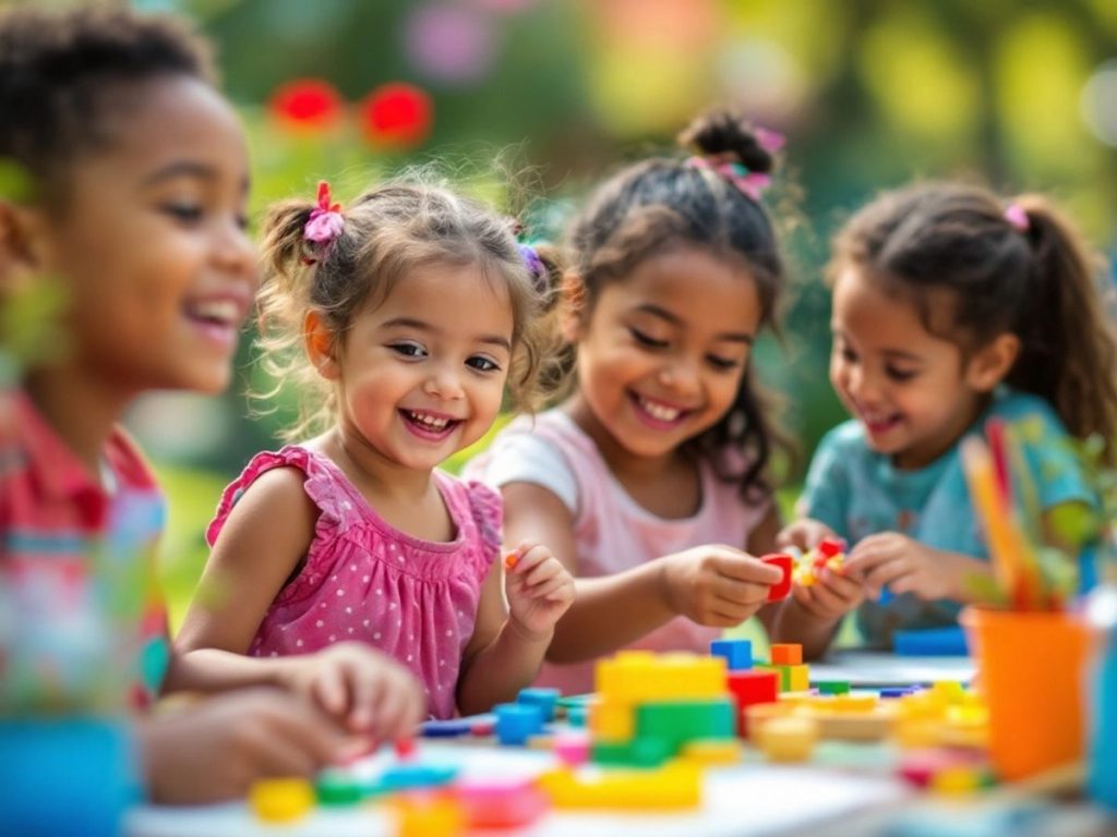 Copii jucându-se și învățând în aer liber.