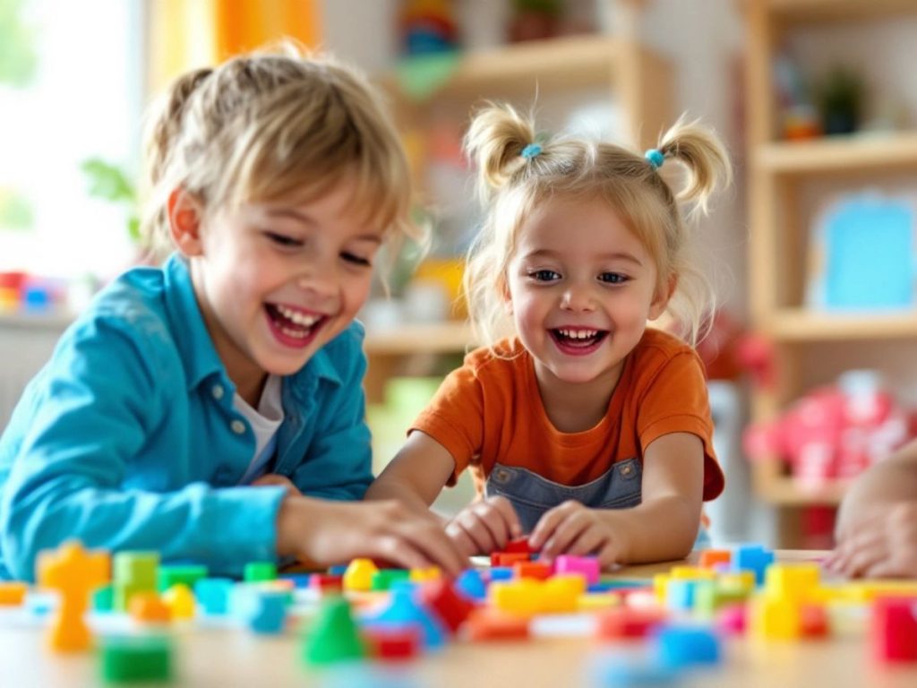 Copii jucându-se cu jocuri educative și zâmbind.