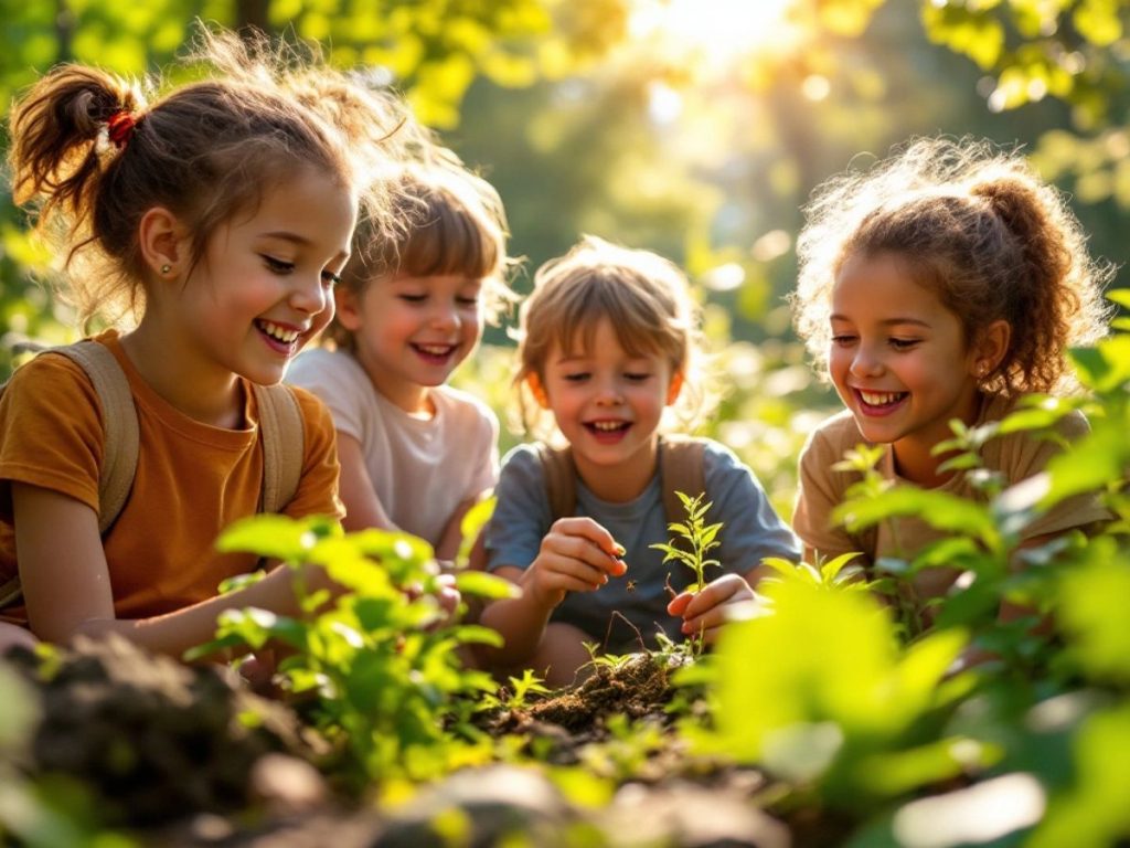 Copii explorând natura și observând plante și insecte.