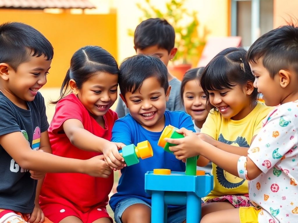 Copii jucându-se împreună, dezvoltând abilități sociale.