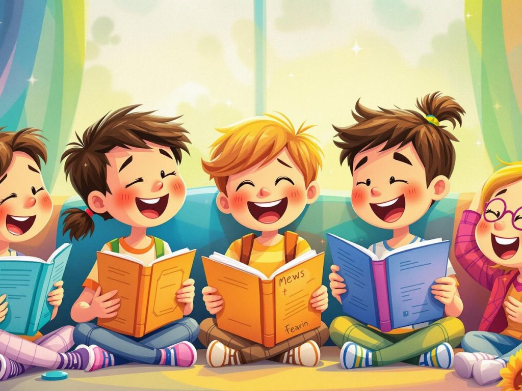 Copii râzând și citind povestiri amuzante împreună.