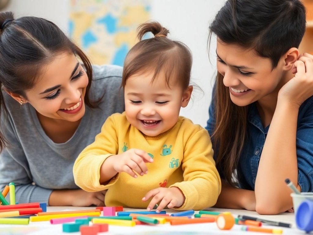 Părinte și copil implicat în activități educative creative.