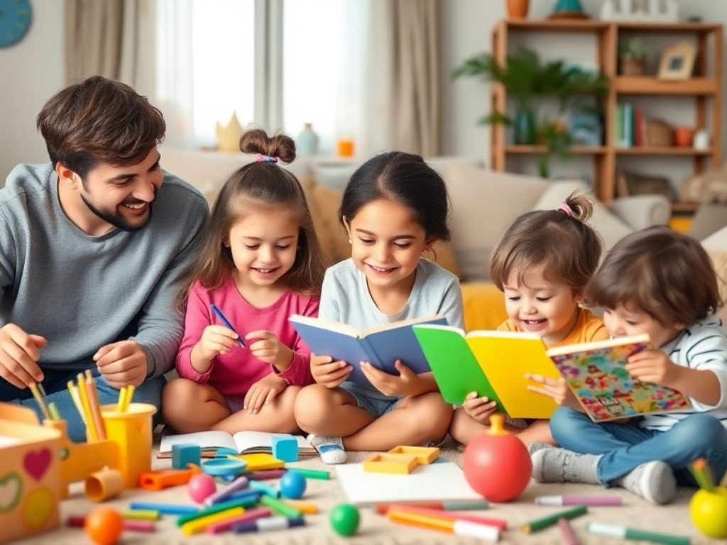 Activități educative în familie cu copii fericiți.