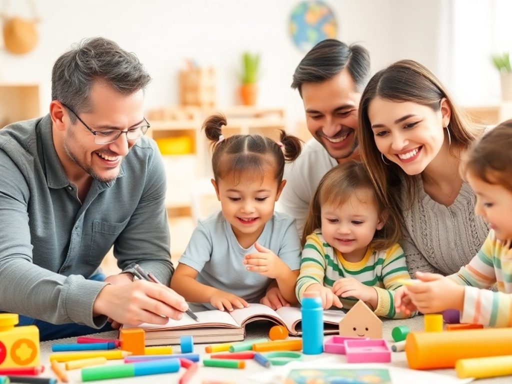 Familie jucându-se și învățând împreună.