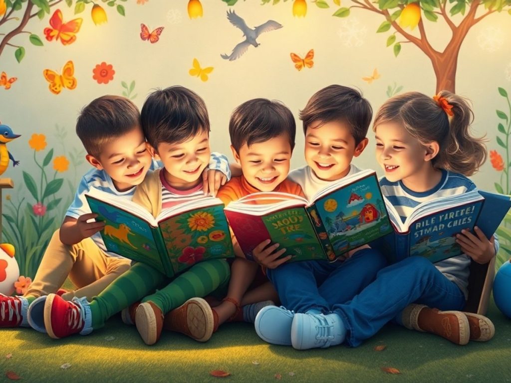 Copii citind cărți de povești într-un mediu vesel.