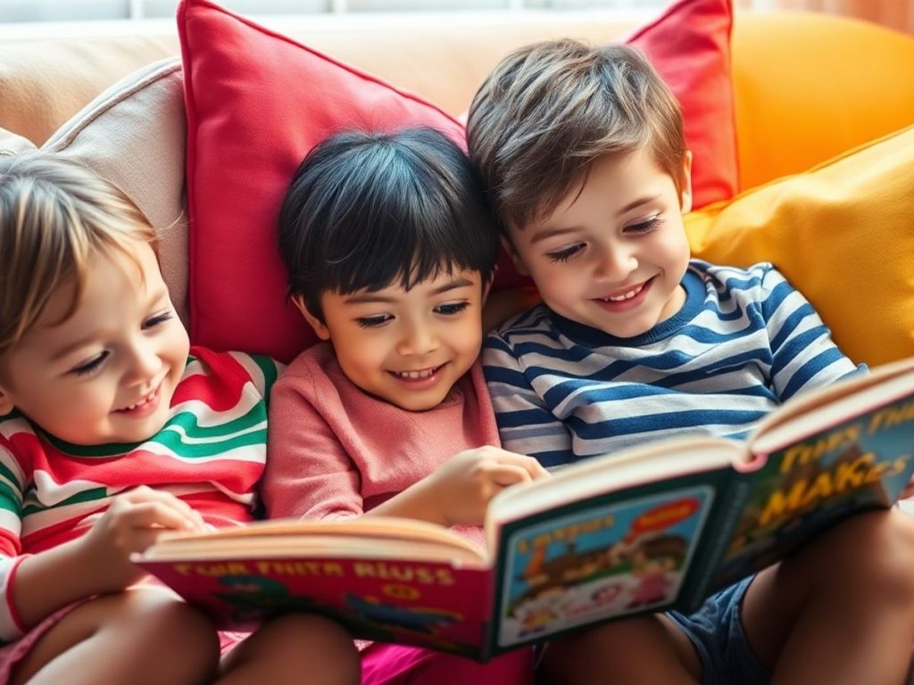 Copii citind cărți într-un colț confortabil.