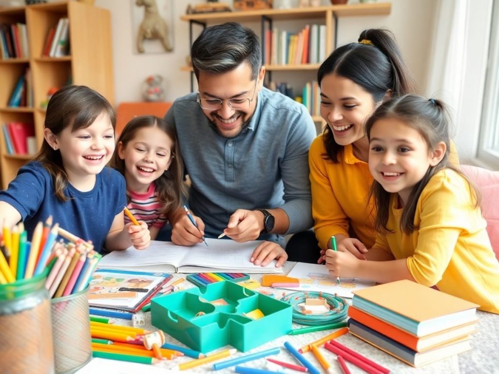 Familie fericită participând la activități educative acasă.