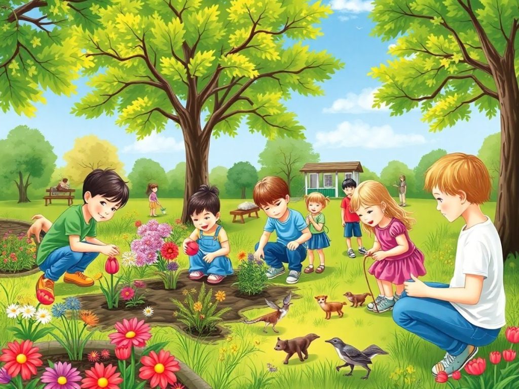 Copii jucându-se în natură, activități în aer liber.