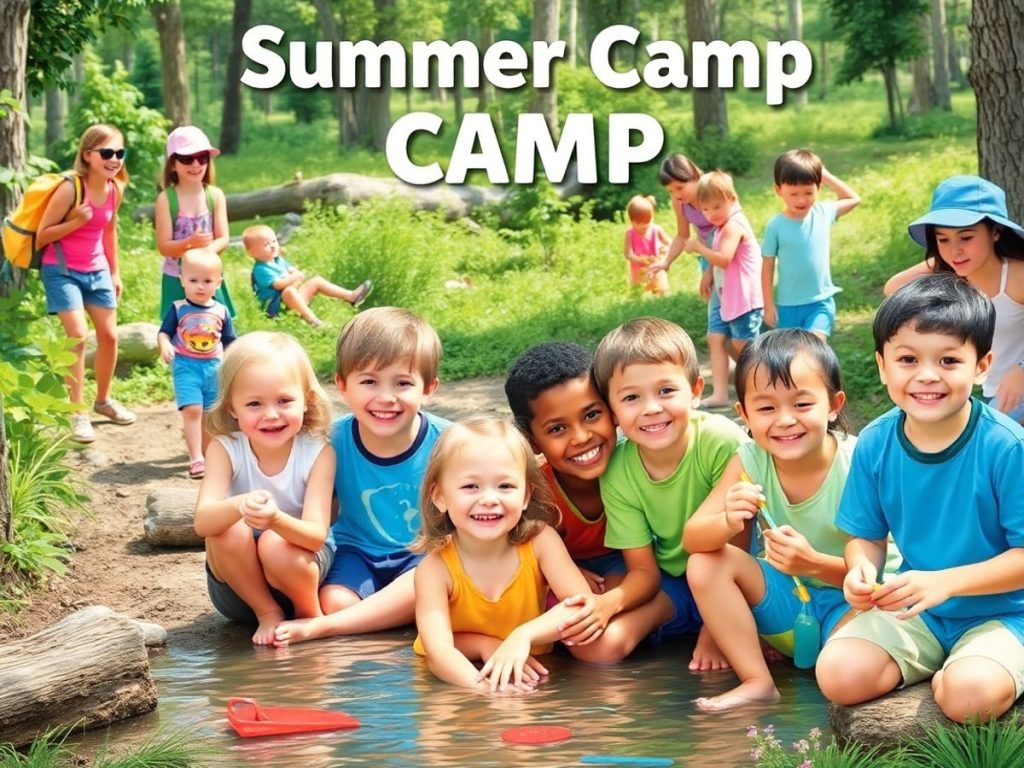 Copii jucându-se în natură la o tabără de vară.