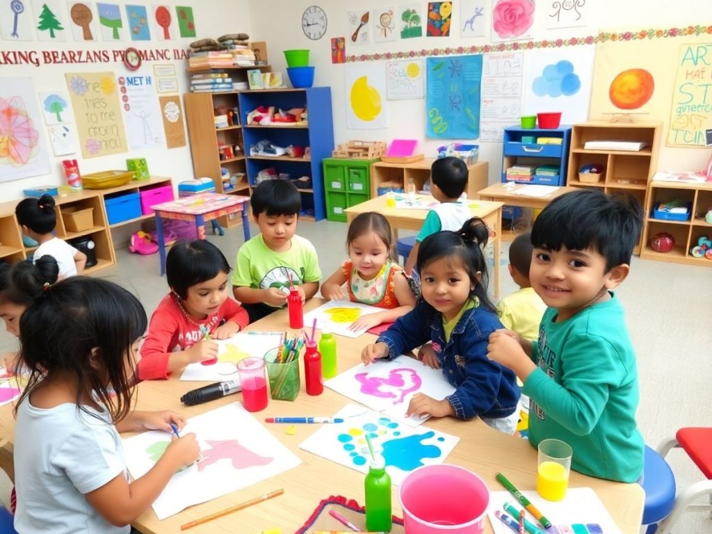 Copii care creează artă, stimulându-și creativitatea.