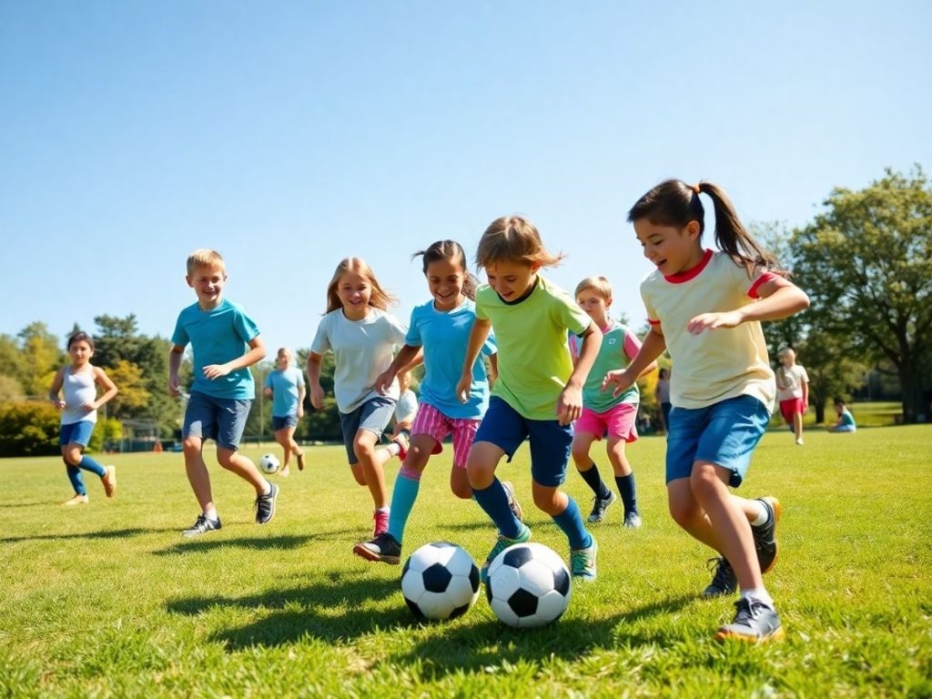 Copii jucând fotbal în parc, zâmbind și bucurându-se.