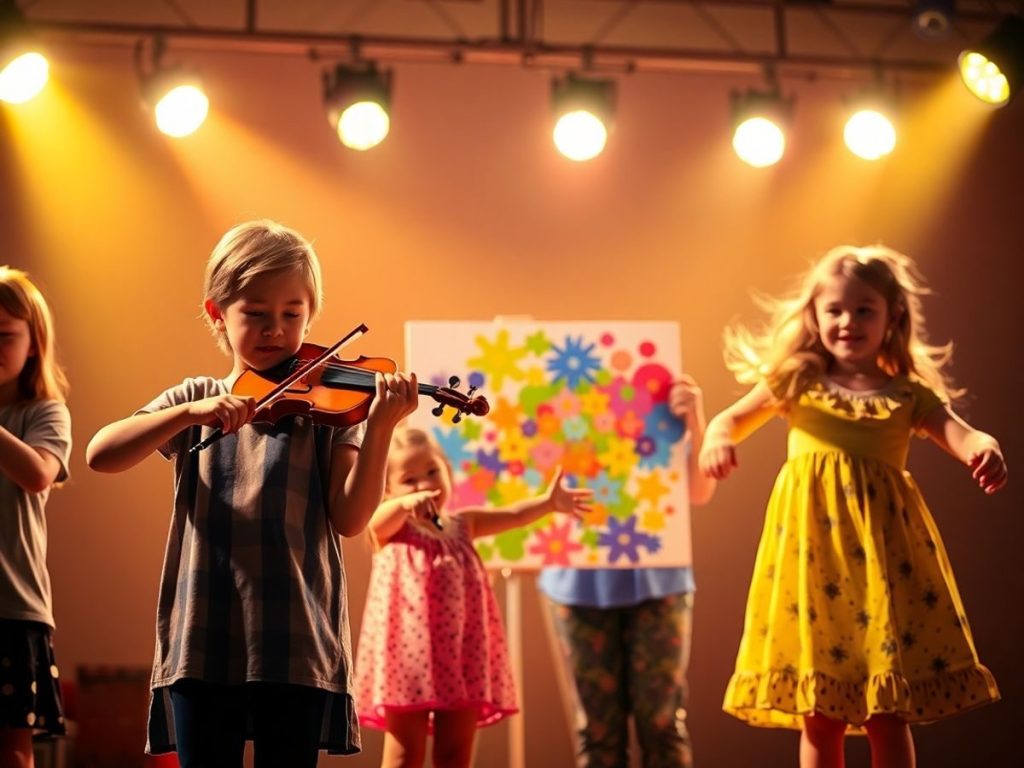 Copii talentați concurând, lumină puternică, bucurie, performanță.