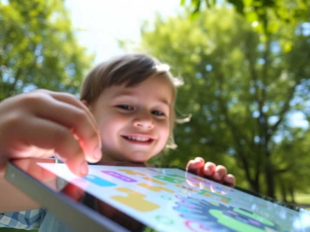 Copil, tabletă, natură, joacă, tehnologie, echilibru