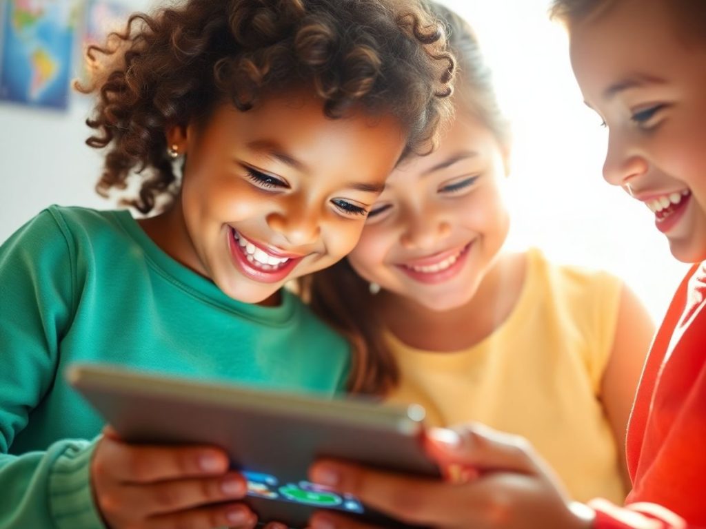 Copii fericiți jucând jocuri educative în fața unui ecran luminos.