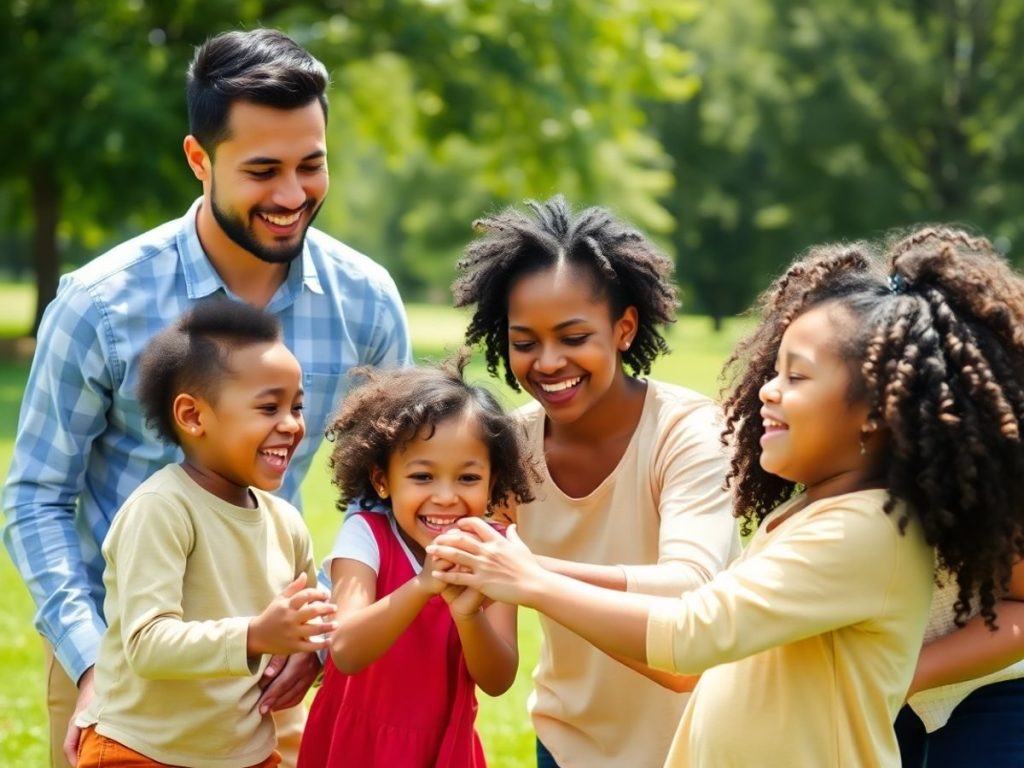 Părinți și copii zâmbitori, jucându-se afară.