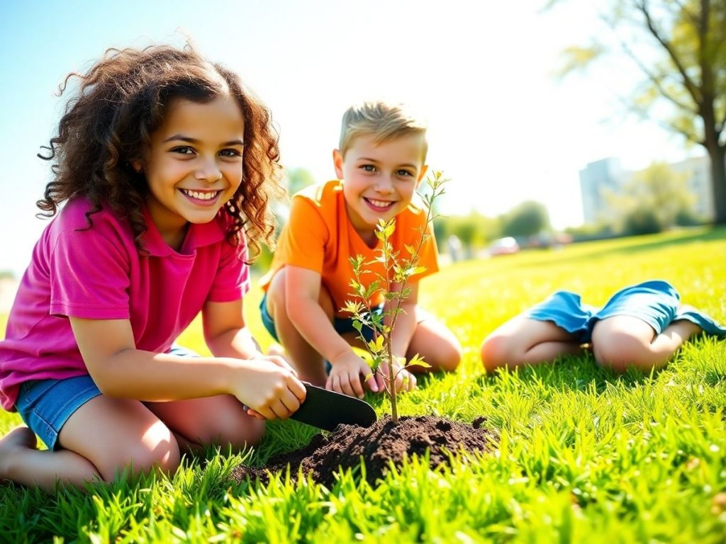 Trei copii zâmbitori plantează răsaduri cu grijă într-un parc însorit.