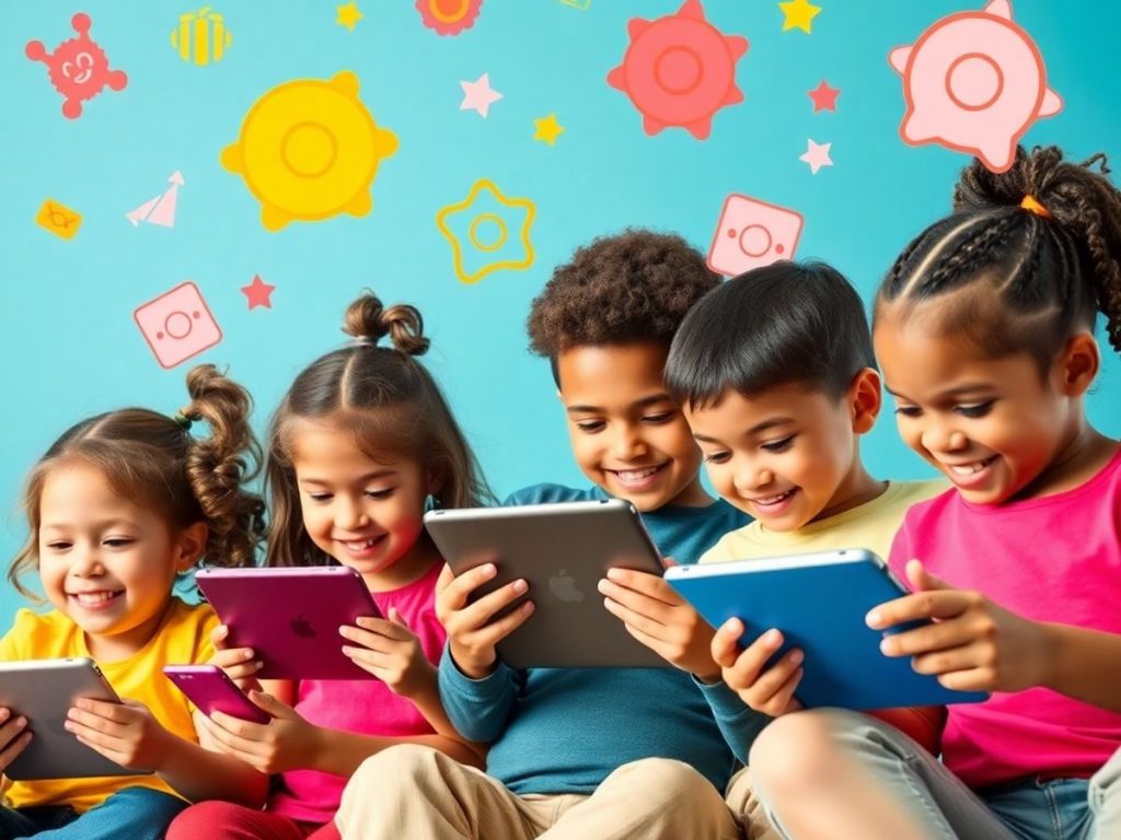 Copii folosind tablete cu pictograme educaționale