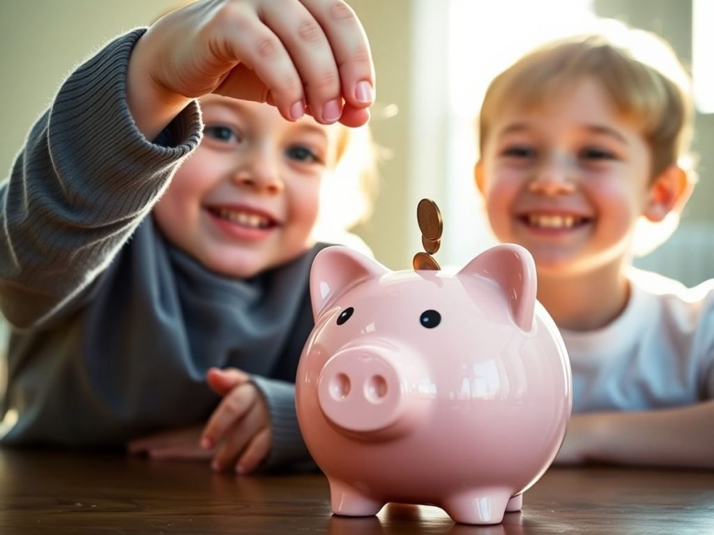 Copii fericiți punând monede în pușculițe.