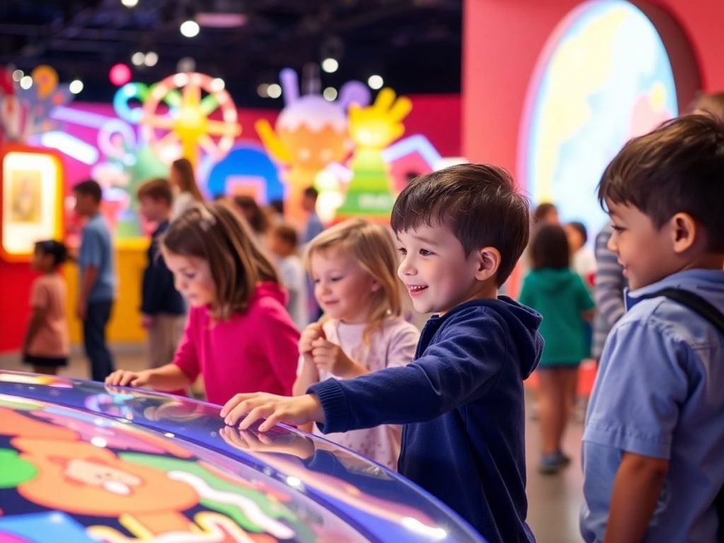 Copiii explorează o expoziție plină de culoare.