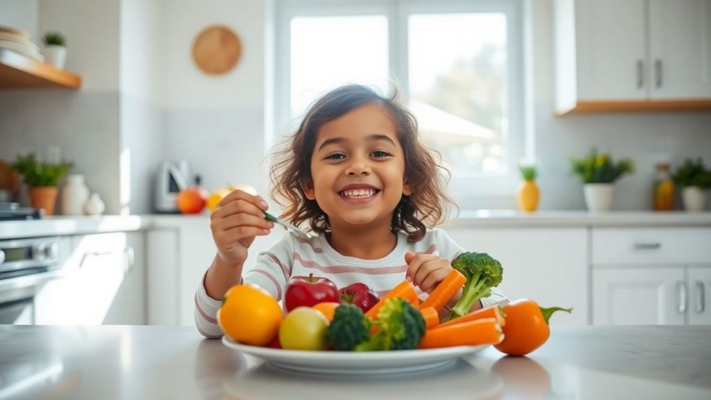 Copil mâncând fructe și legume proaspete.