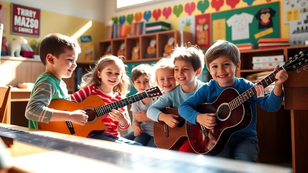Copii cântând la instrumente muzicale într-o clasă luminoasă.