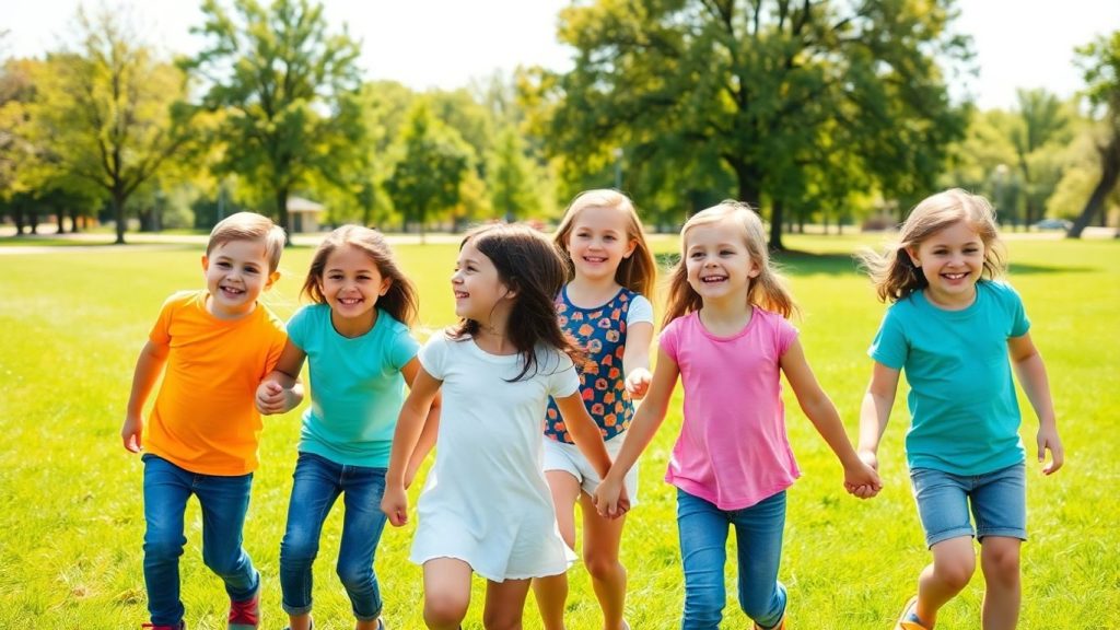 Copii fericiți joacă împreună într-un parc verde